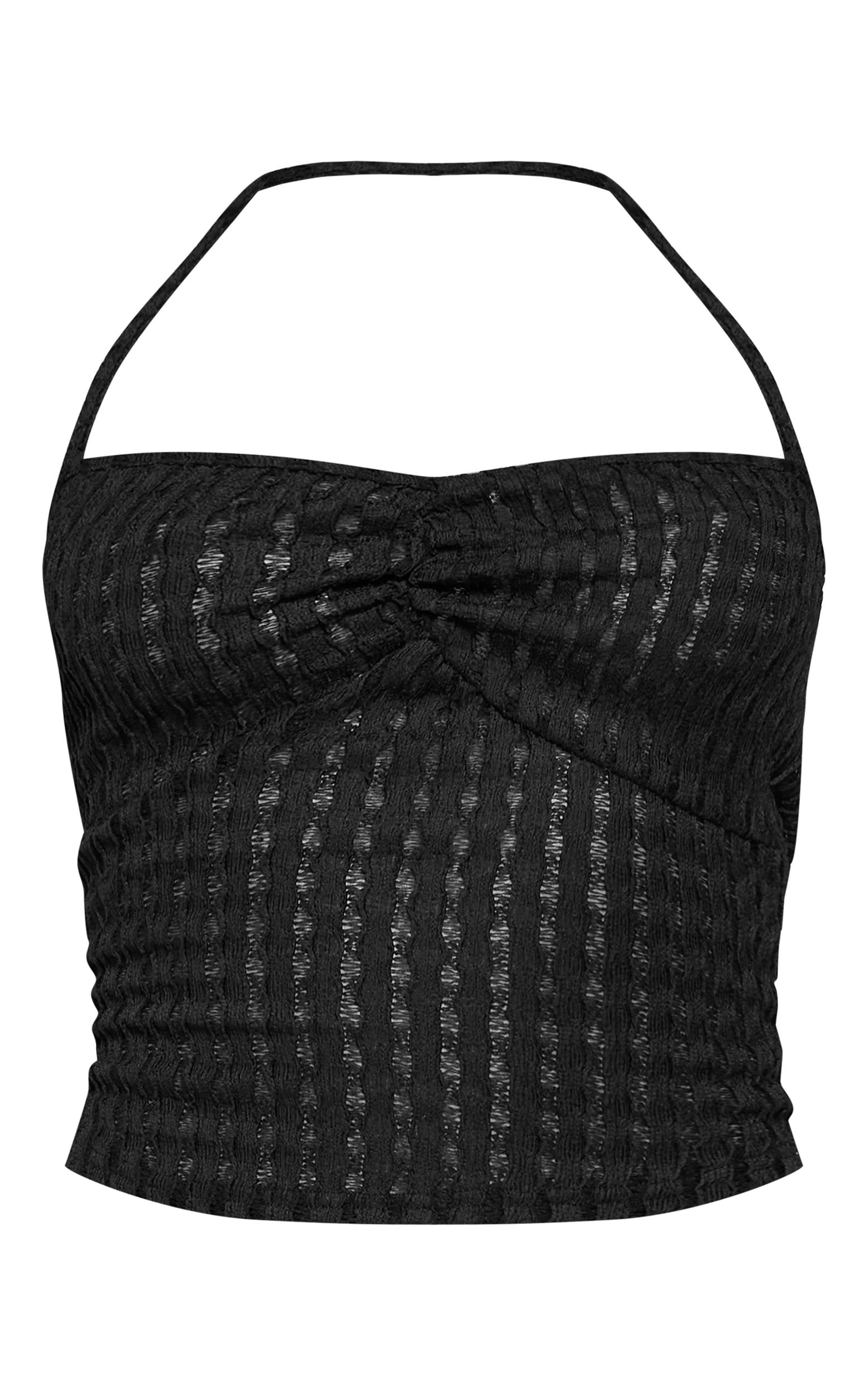 Black Textured Wrap Detail Halterneck Crop Top image 5