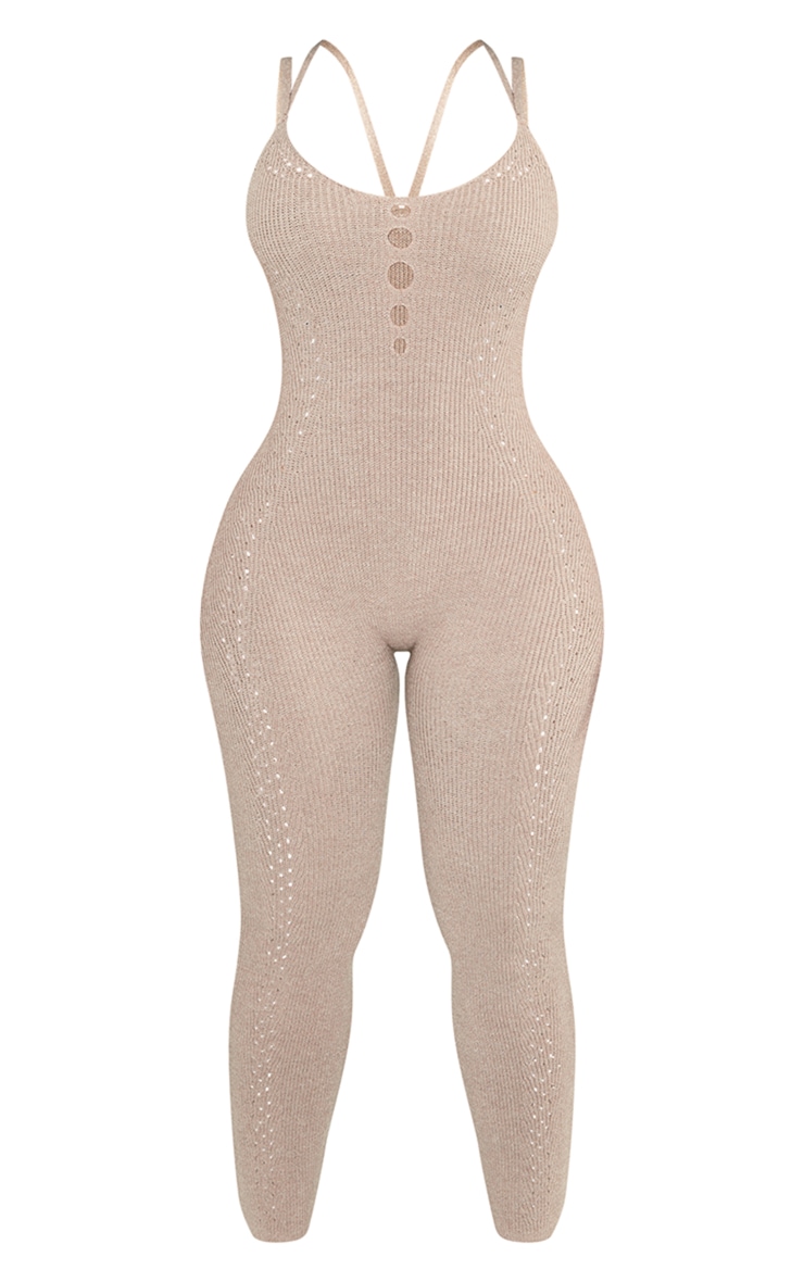 Shape Oatmeal Knit Laser Cut Strappy Jumpsuit PrettyLittleThing QA