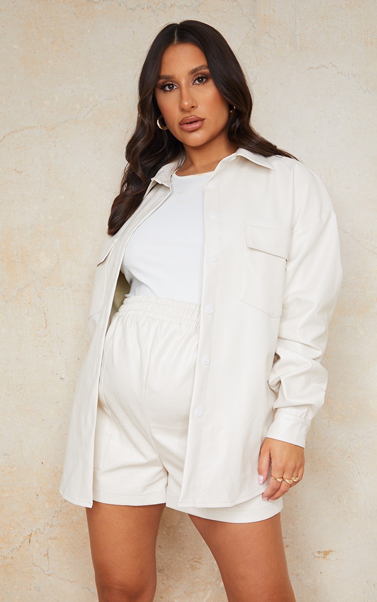 Maternity Cream Faux Leather Pocket Detail Shirt