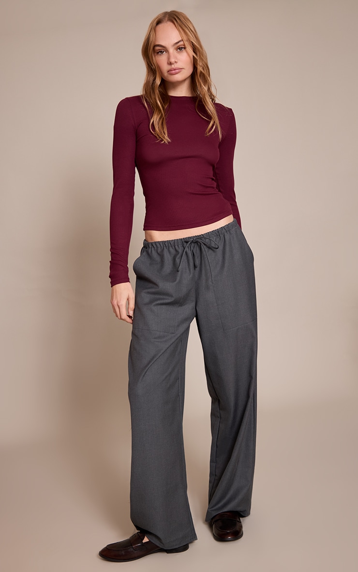 Wine Soft Rib Crew Neck Long Sleeve Top image 3