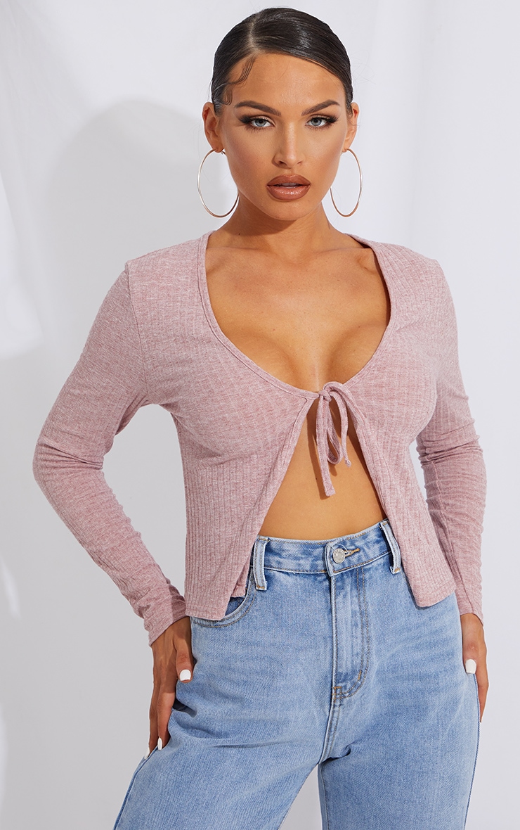 Dusty Pink Brushed Rib Tie Front Long Sleeve Top