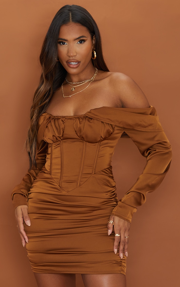 Chocolate Drape Bardot Sleeve Back Bodycon Dress