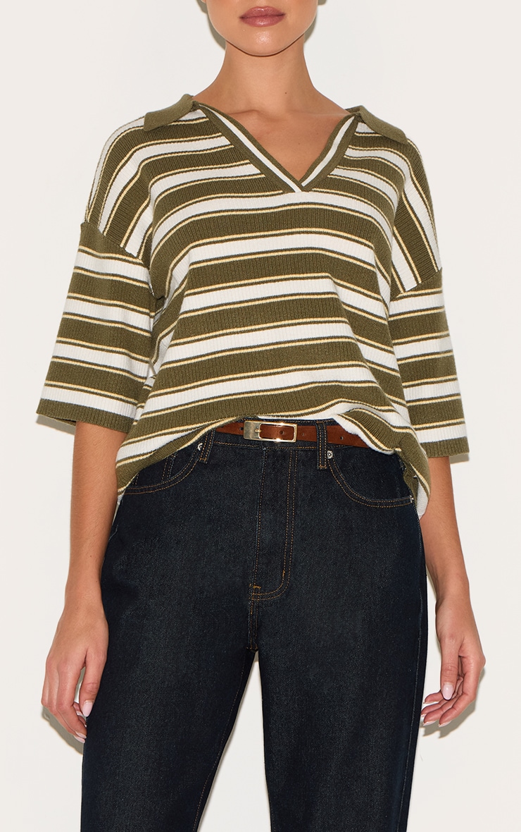Khaki Stripe Soft Knit V Neck Collar Polo Top image 4