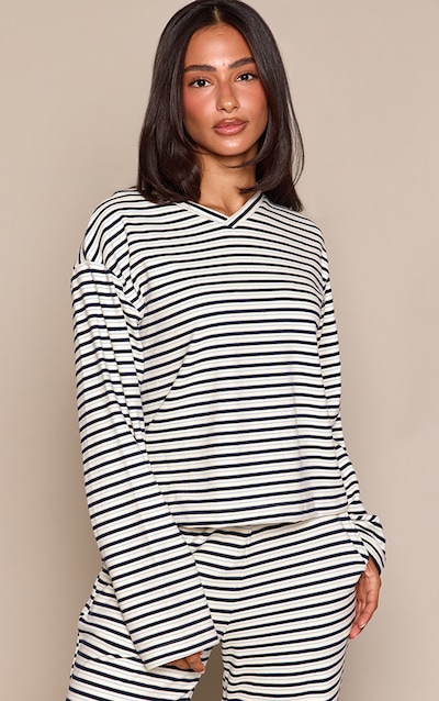 Petite Cream Stripe Soft Touch Cropped V Neck Top