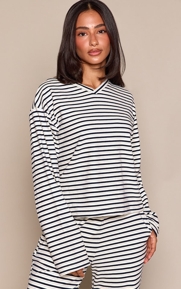 Petite Cream Stripe Soft Touch Cropped V Neck Top