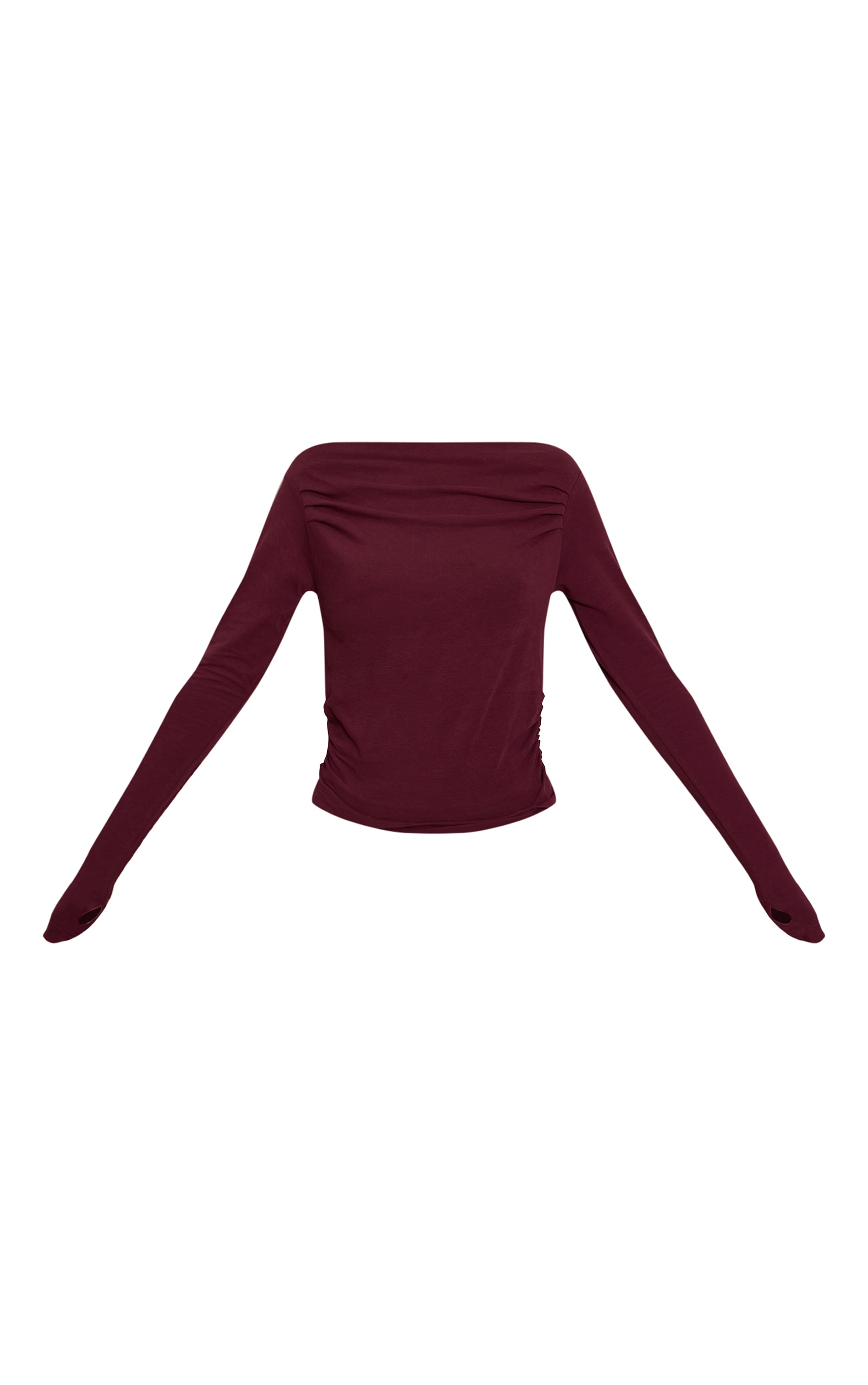 Wine Soft Cotton Ruched Asymmetric Long Sleeve Top image 5