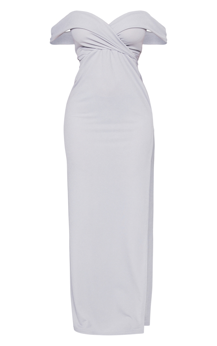 Petite Robe longue très fendue gris clair à col bardot et pli image 5