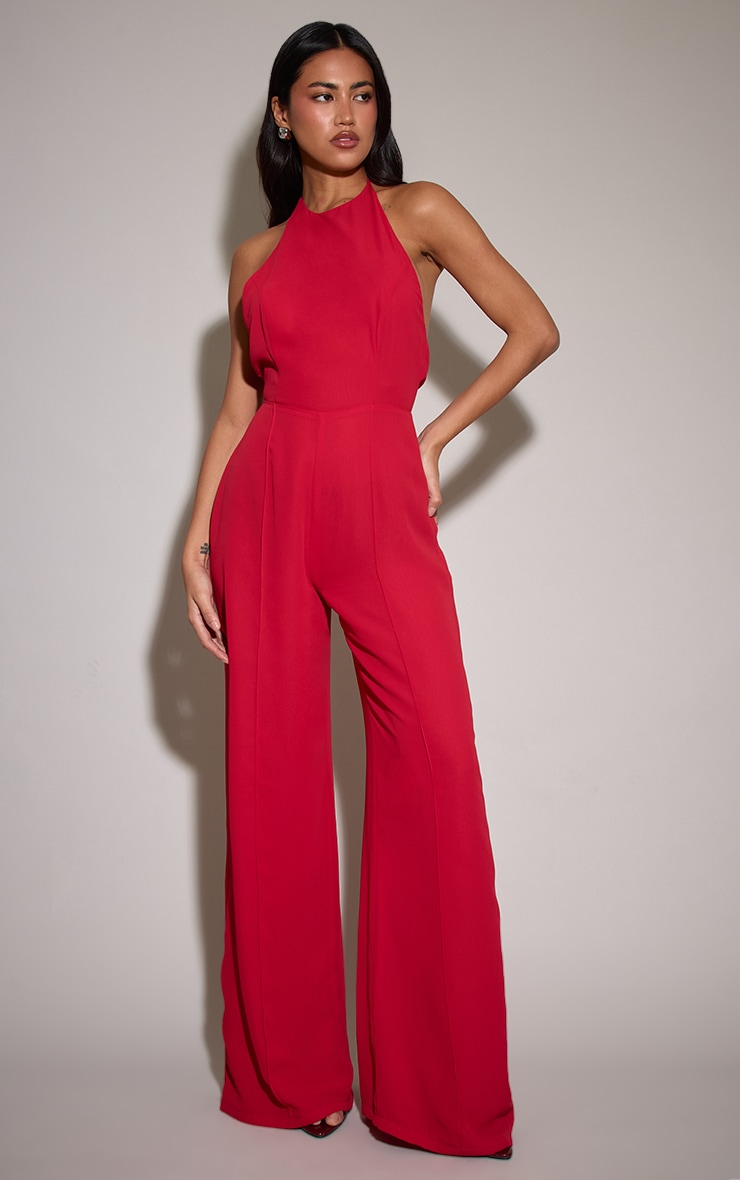 Red Chiffon Halterneck Straight Leg Jumpsuit image 1