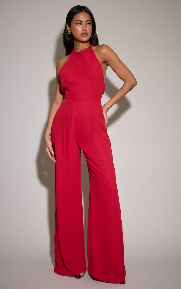 Red Chiffon Halterneck Straight Leg Jumpsuit