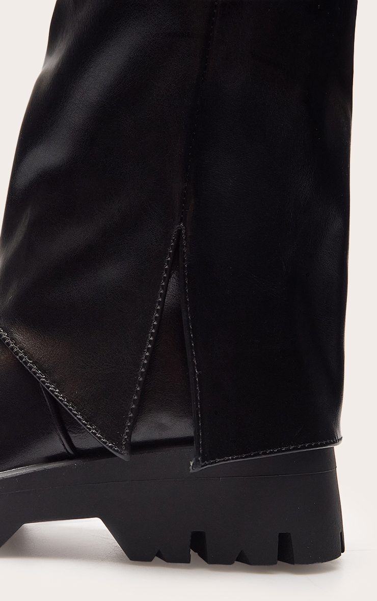 Black Faux Leather Cleated Sole Foldover Knee High Boots image 5