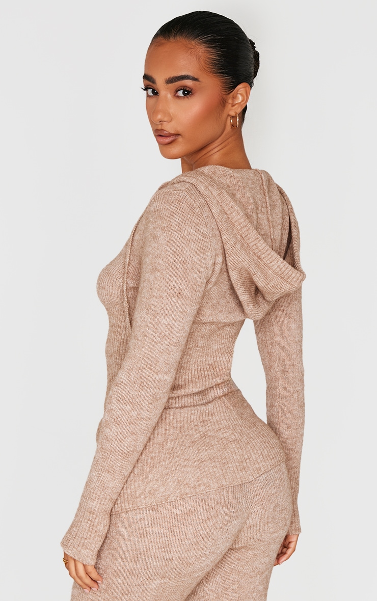 Petite Hoodie en maille tricot taupe à zip et manches longues image 2