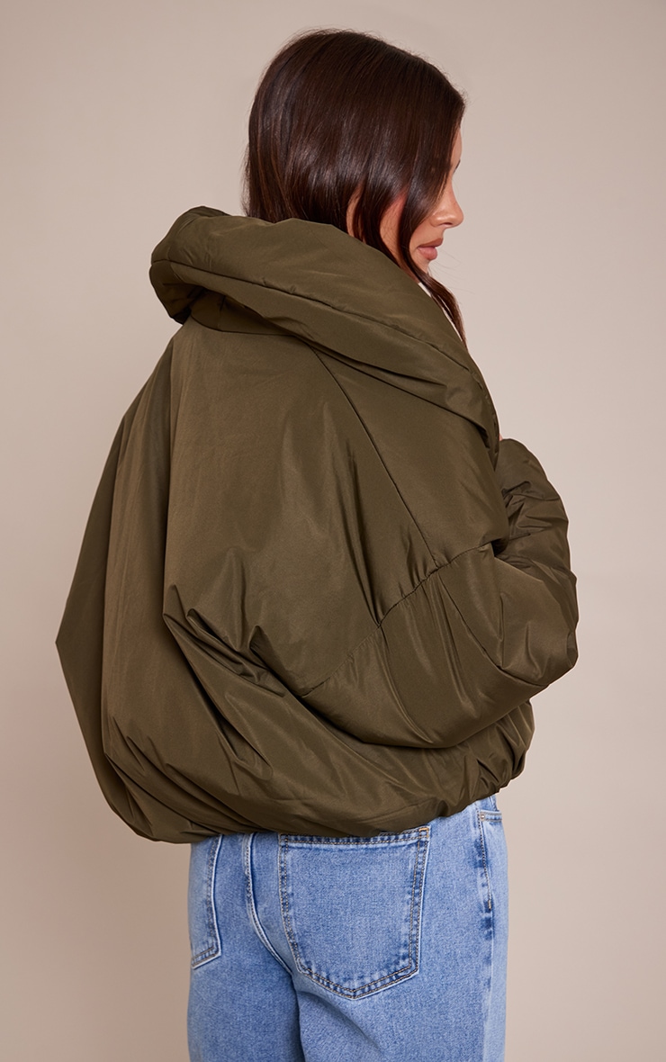 Khaki Exaggerated Collar Shell Puffer Jacket image 2
