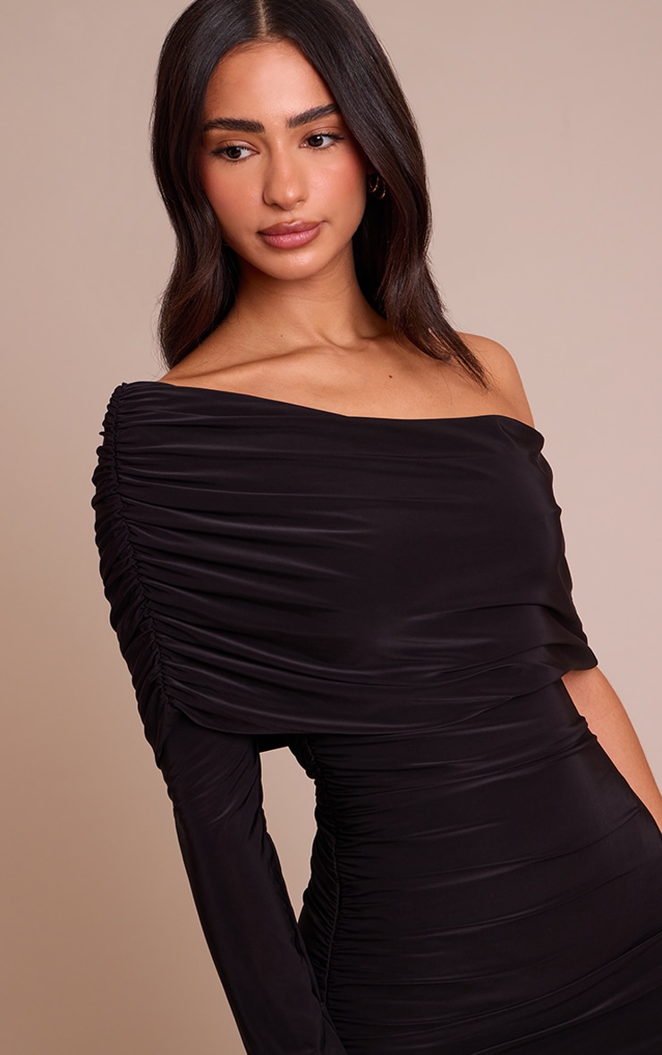 Petite Black One Shoulder Ruched Bodycon Mini Dress image 4