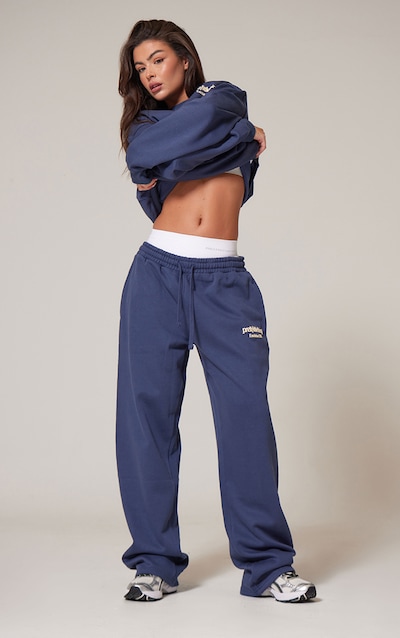 PRETTYLITTLETHING Navy Premium Print Straight Leg Track Pants