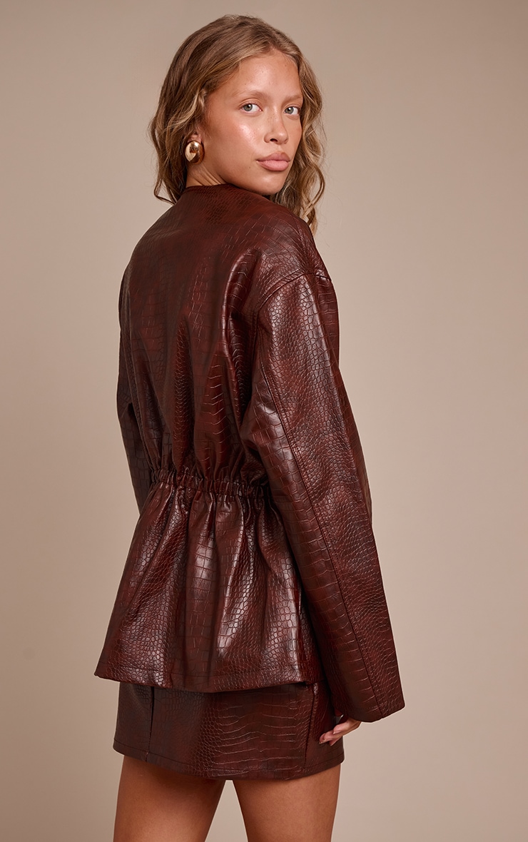 Brown Croc Faux Leather Cinched Waist Jacket image 2