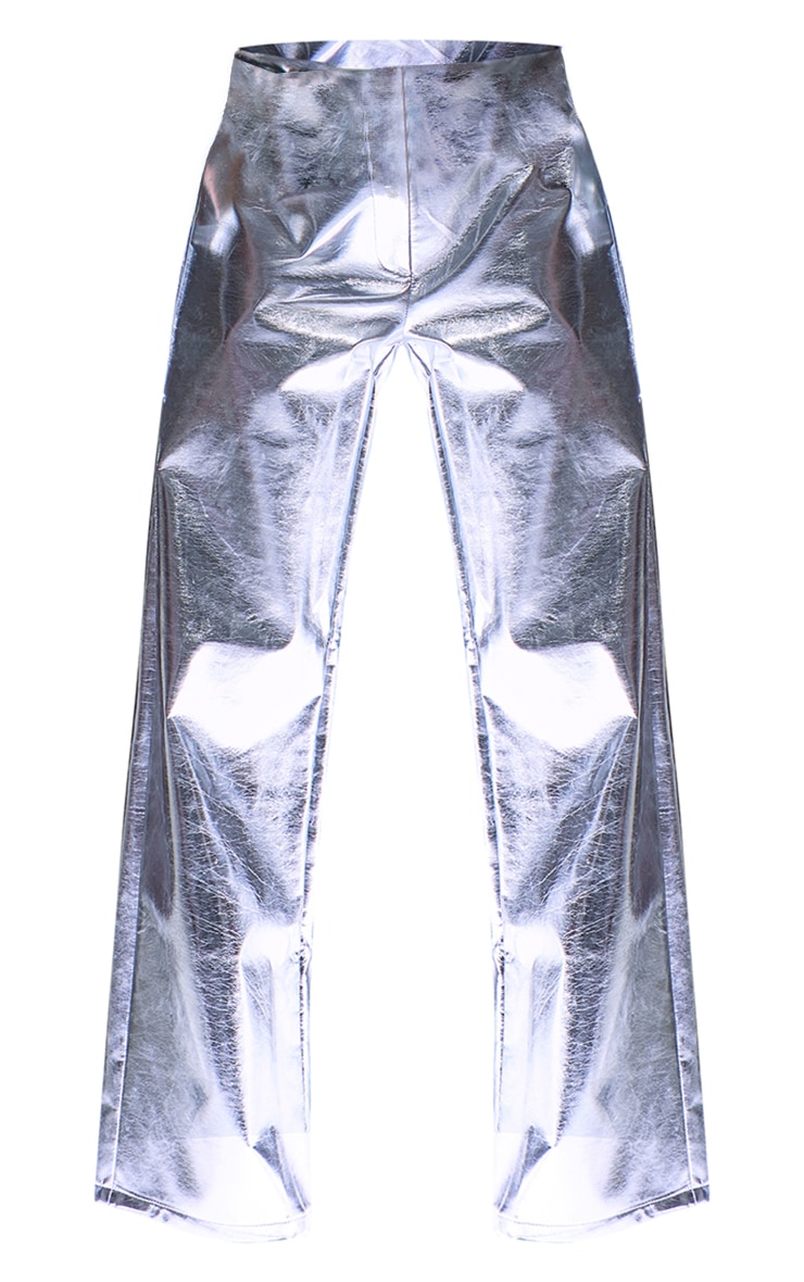 Silver Metallic Faux Leather Straight Leg Tailored Trousers image 5