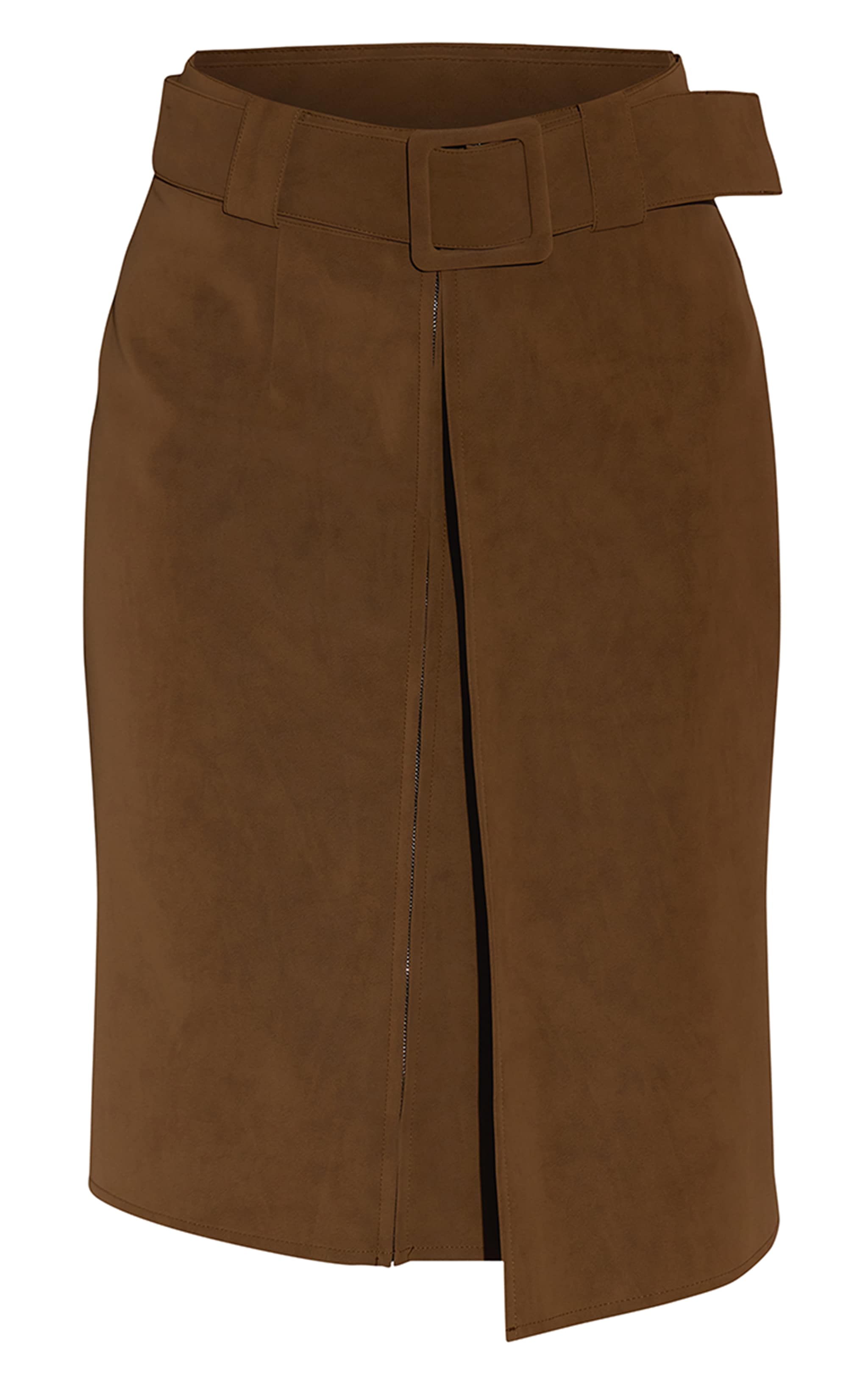 Light Brown Soft Faux Leather Belted Midi Skirt image 5