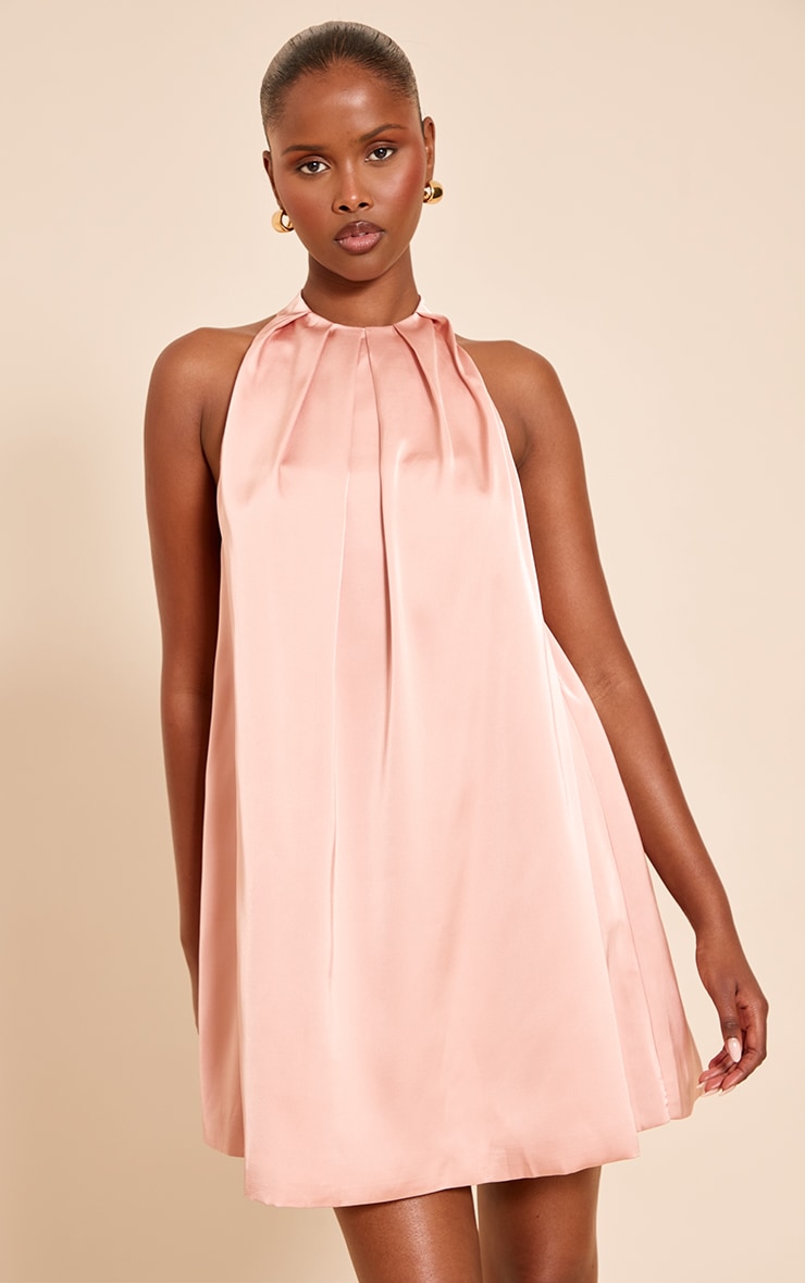 Peach Satin Halter neck Mini Shift Dress image 1