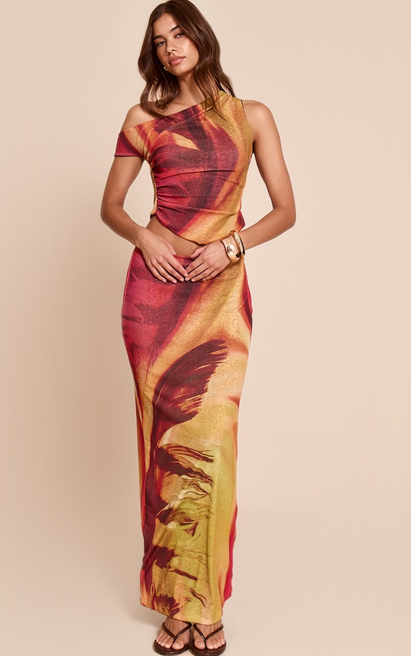Jupe longue texturée multicolore imprimé plume à taille basse