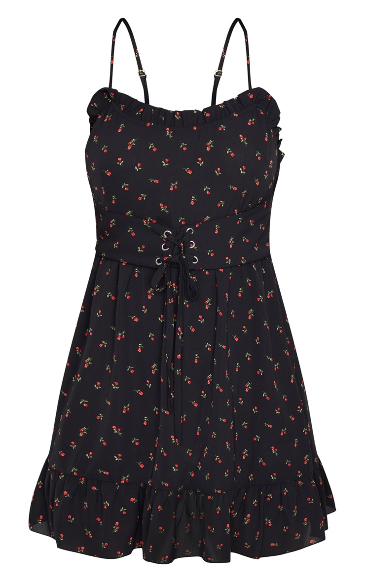 Black Ditsy Rose Print Corset Detail Bodycon Dress image 5