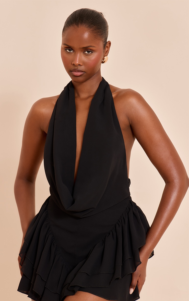 Black Chiffon Cowl Neck Frill Romper image 4