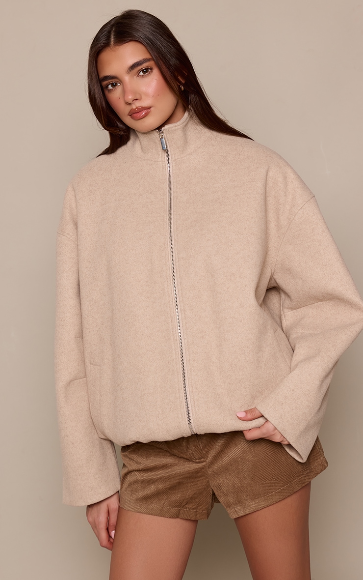 Stone Brown Funnel Neck Ruched Sleeve Wool Bomber