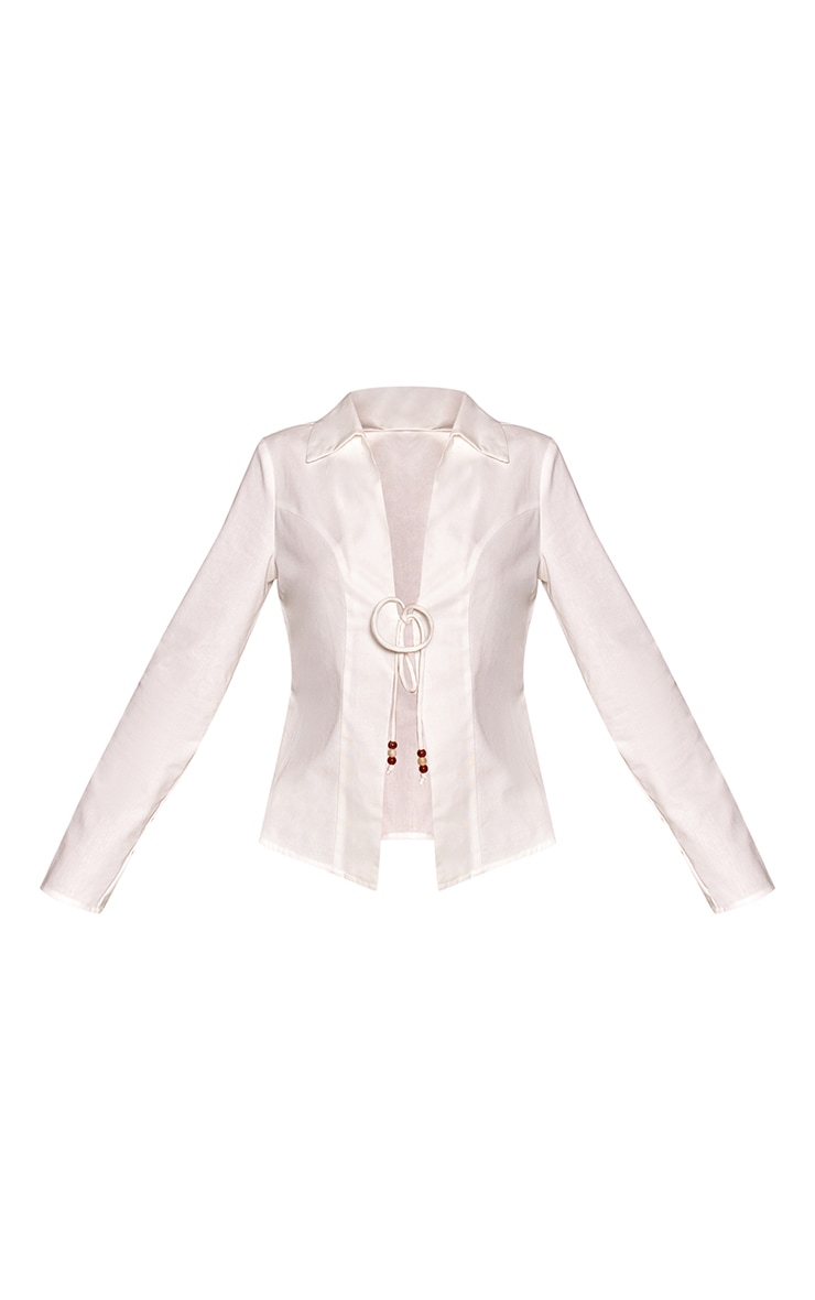 White Linen Look Tie Bead Detail Shirt image 5
