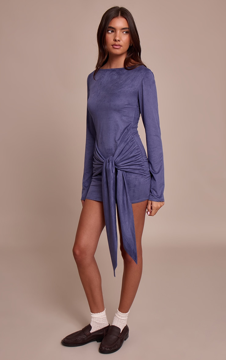 Powder Blue Suede Boat Neck Tie Waist Detail Bodycon Dress image 3