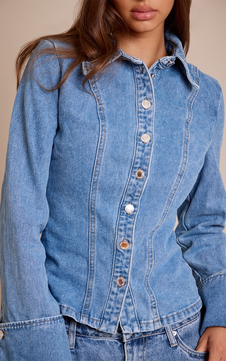 Mid Blue Wash Long Sleeve Cinch Waist Denim Shirt image 4