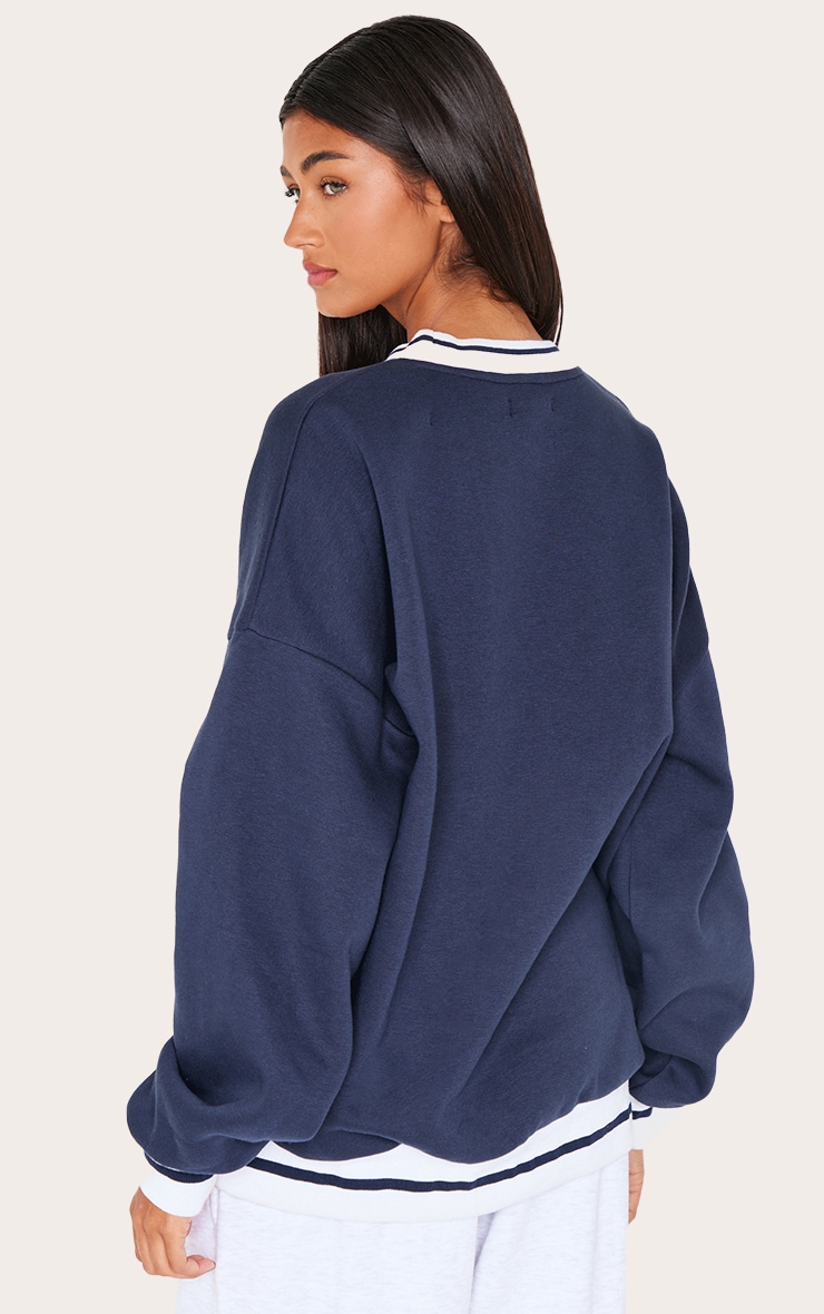 Navy Striped Ribbed Hem Oversized Sweatshirt image 2