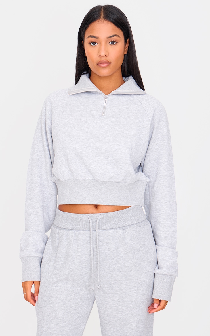 Tall Grey Marl Half Zip Cropped Sweatshirt image 1