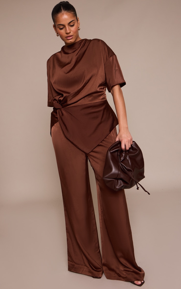 Plus Chocolate Satin Wide Leg Pants image 1