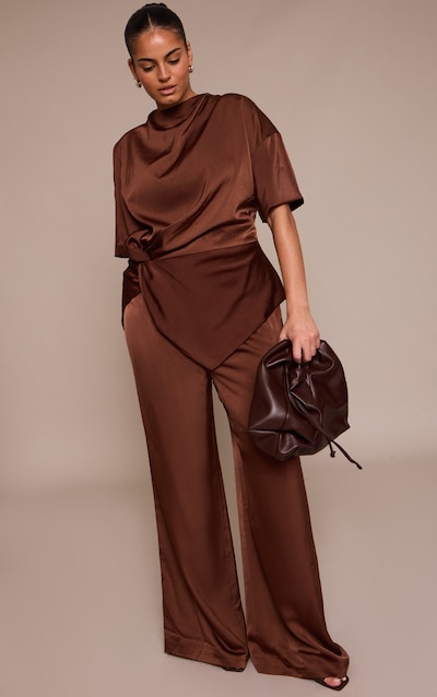 Plus Chocolate Satin Wide Leg Pants