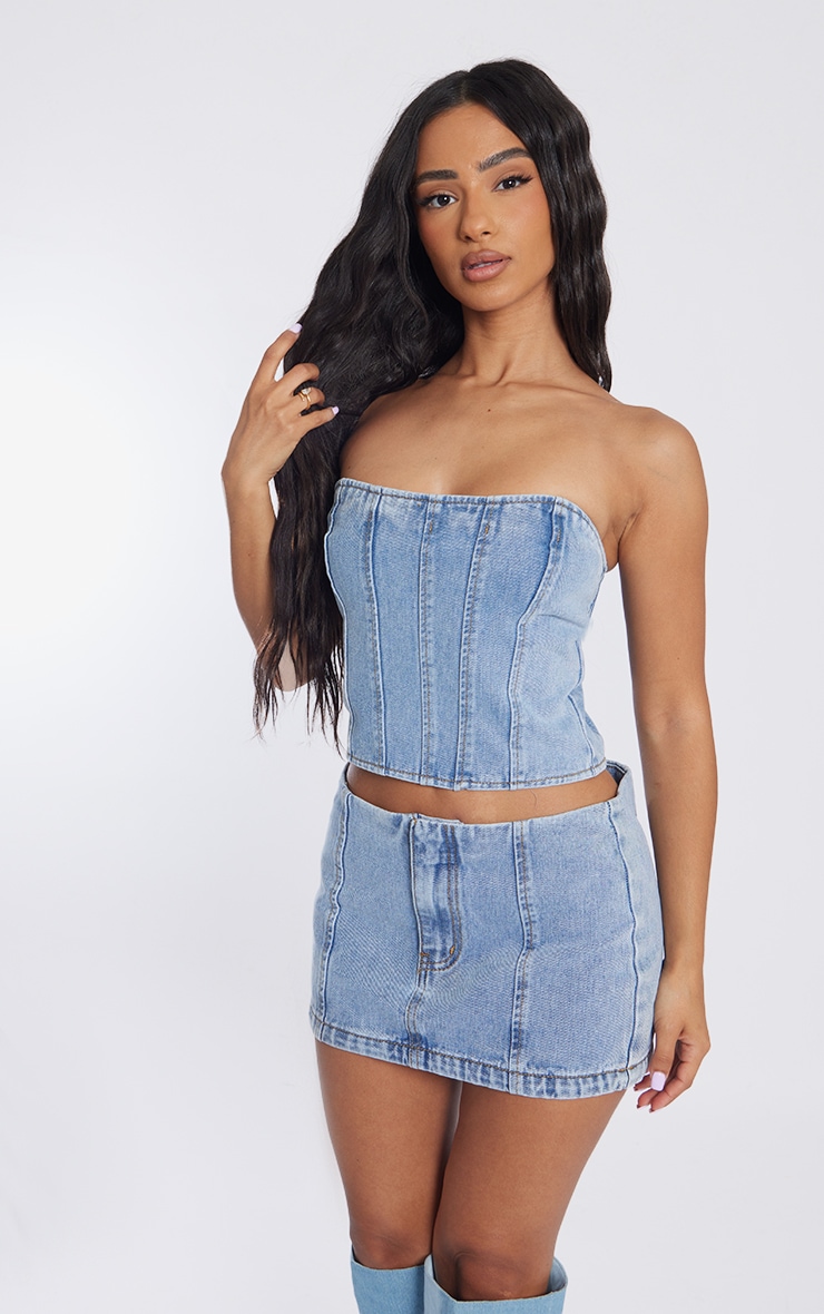 Petite Light Blue Wash Bandeau Denim Corset Top image 1