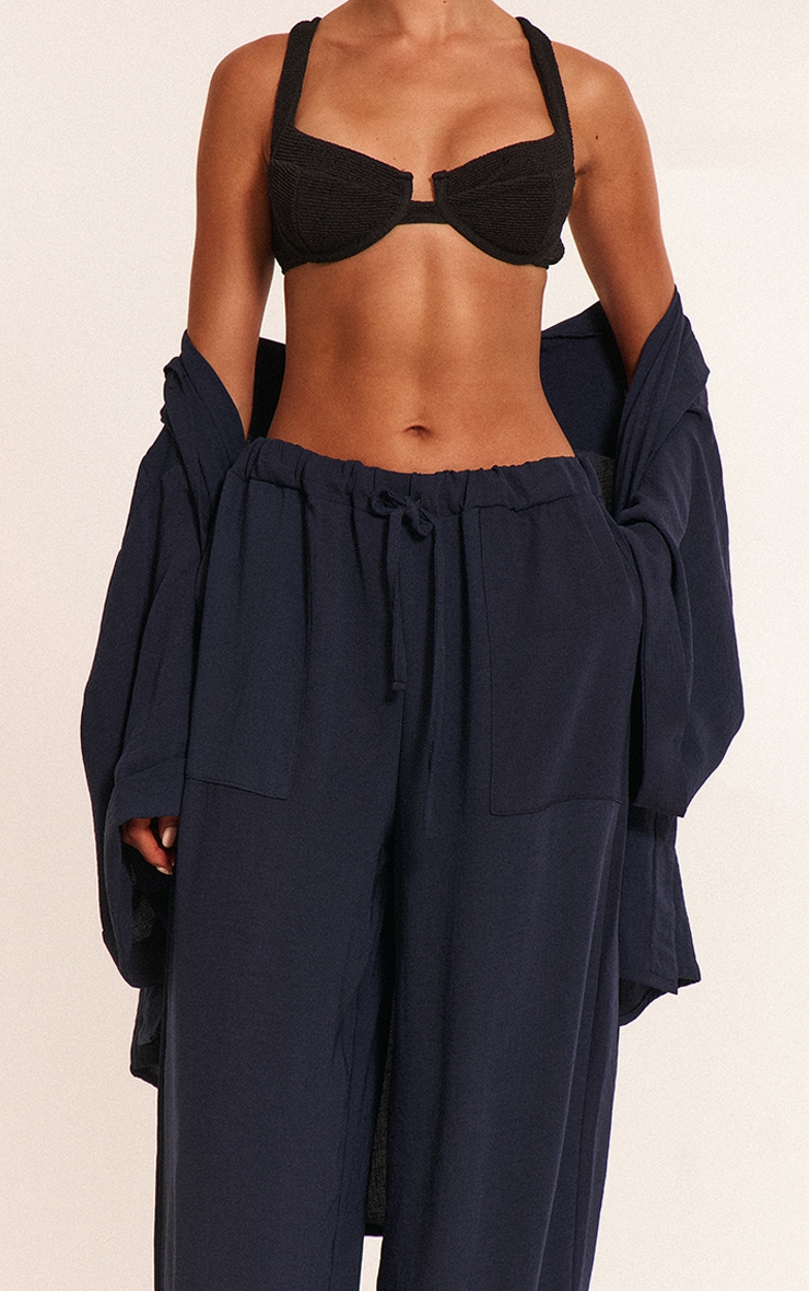 Navy Linen Look Drawstring Beach Pants image 4
