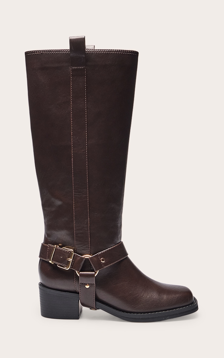 Chocolate PU Buckle Detail Knee High Boots image 2