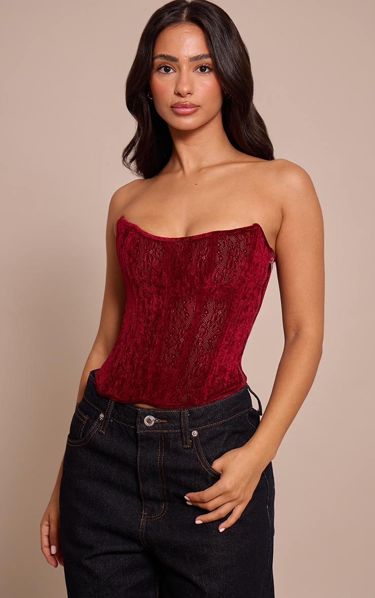 Petite Red Velour Printed Corset Top