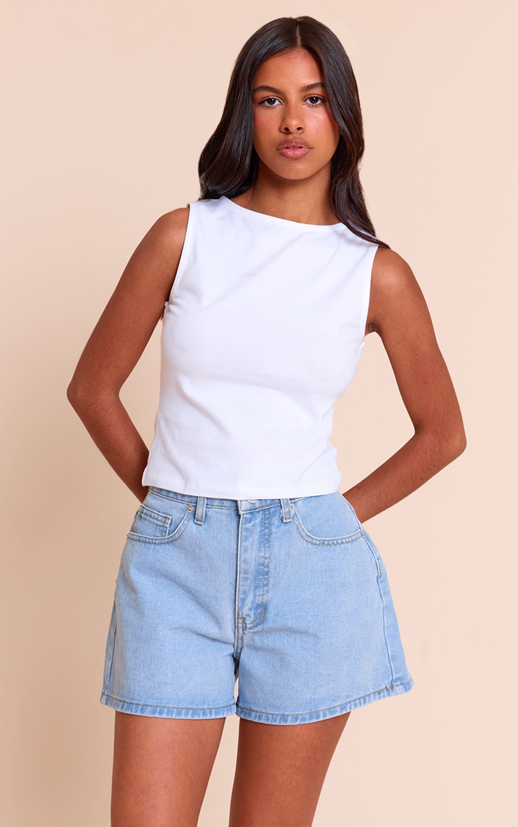 Petite Light Blue High Waisted Mom Shorts image 1
