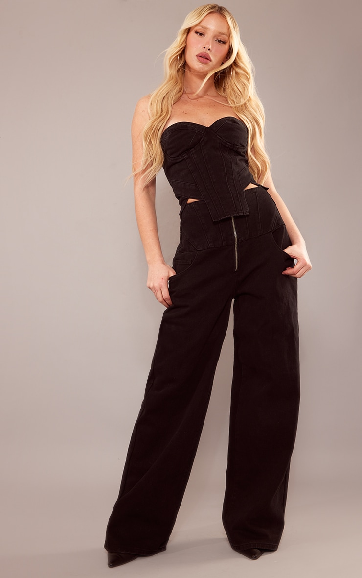 Washed Black Seam Detail Corset Waist Jeans