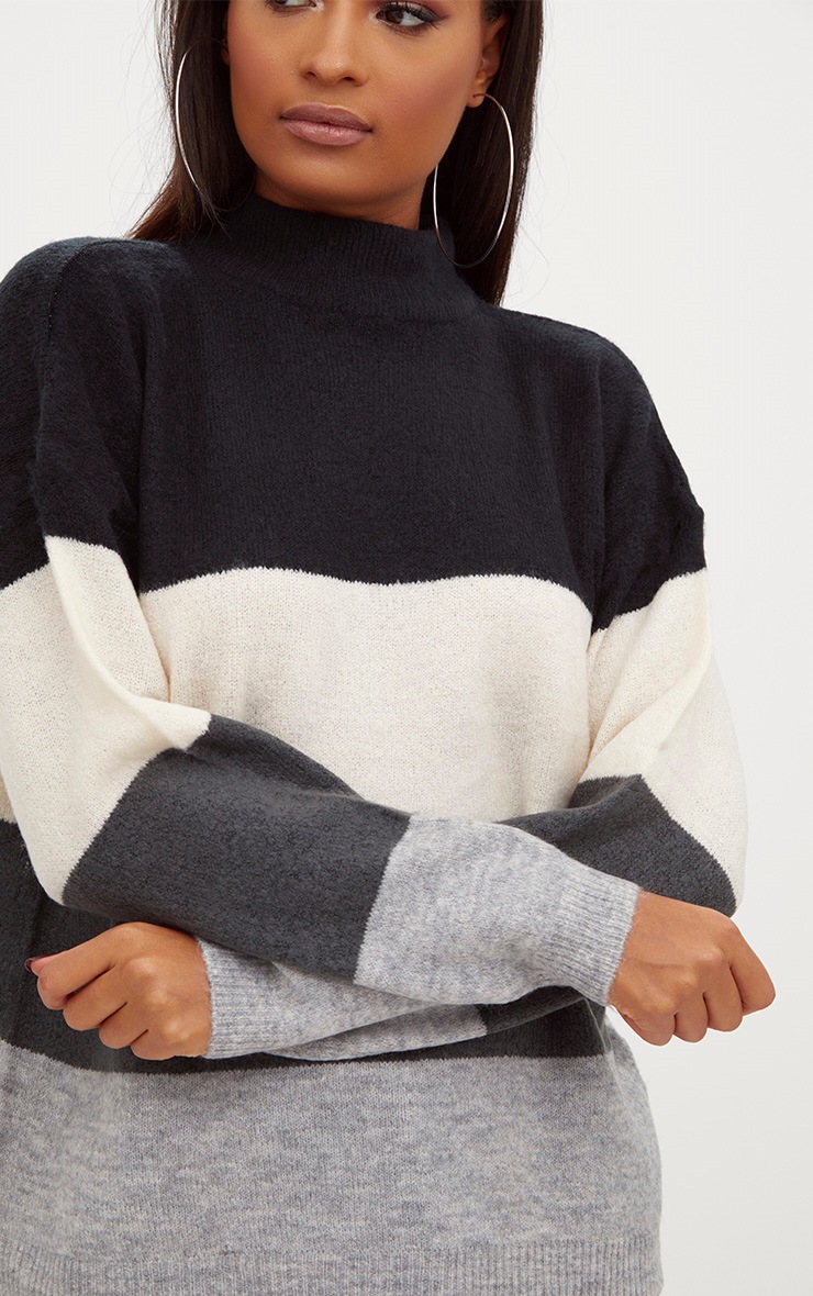 Black Funnel Neck Stripe Jumper Knitwear PrettyLittleThing