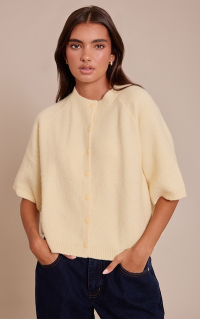 Cardigan en maille tricot douce jaune citron à manches courtes