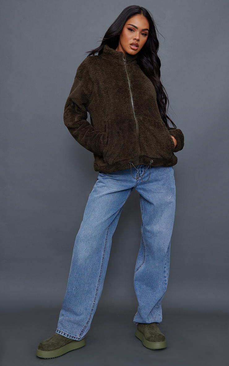 Khaki Toggle Hem Cropped Teddy Jacket