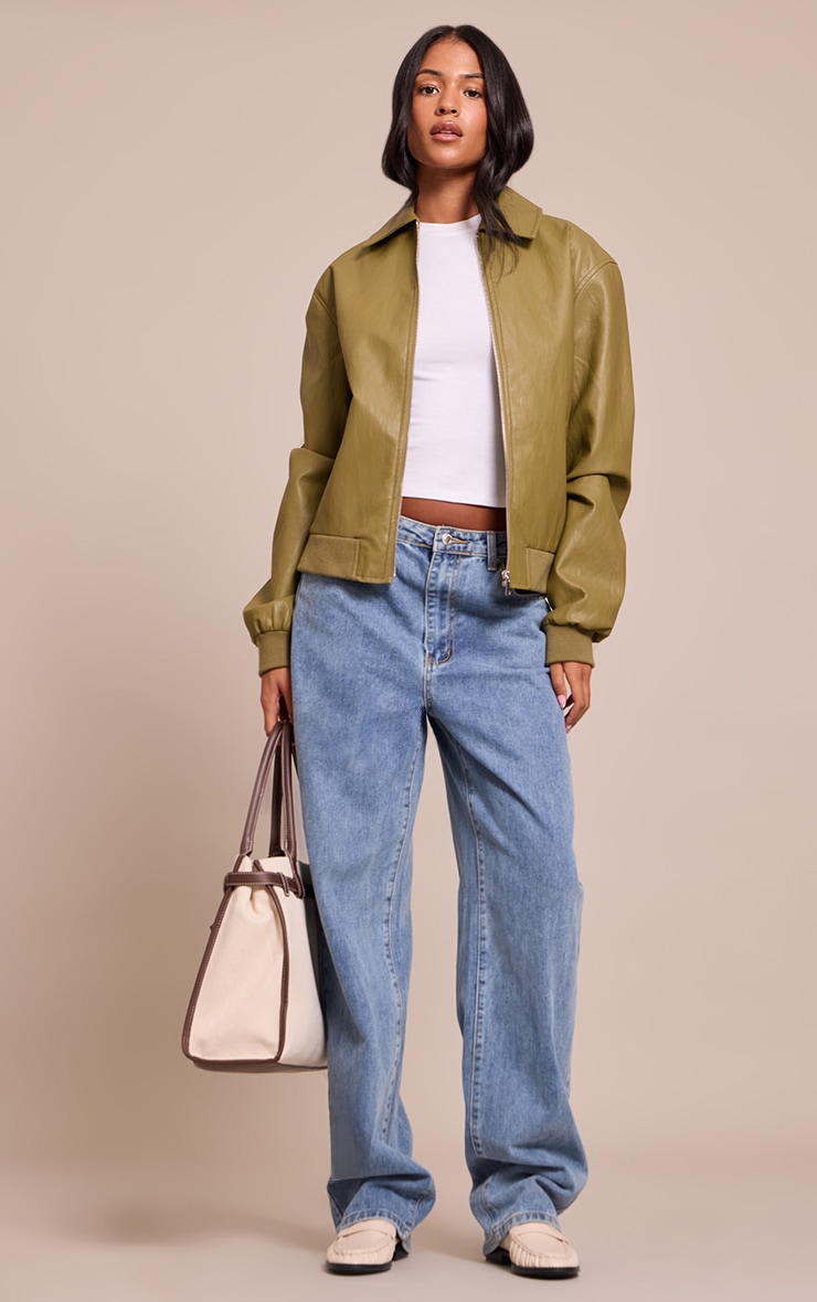 Tall Olive Faux Leather Bomber Jacket image 3
