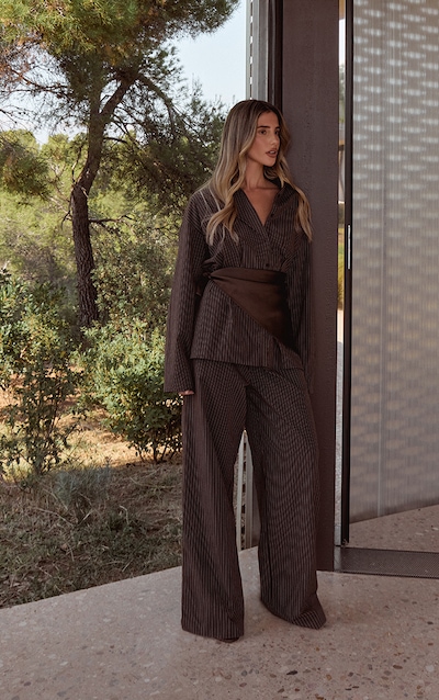 Dark Brown Pinstripe Wide Leg Pants