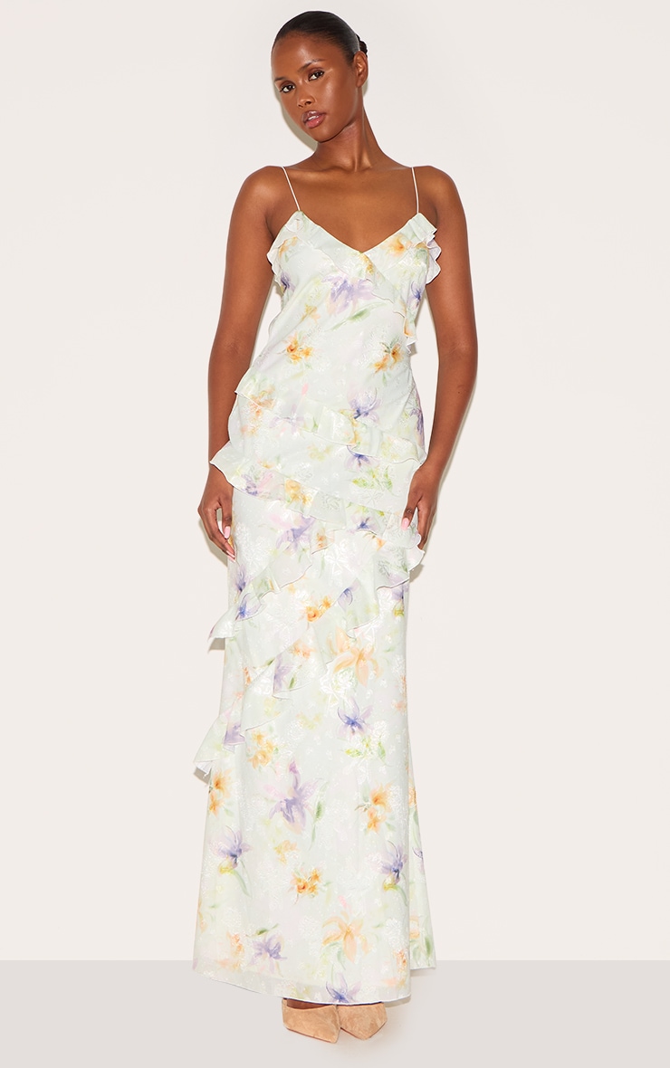 Multi Floral Embroidered Frill Maxi Dress image 1
