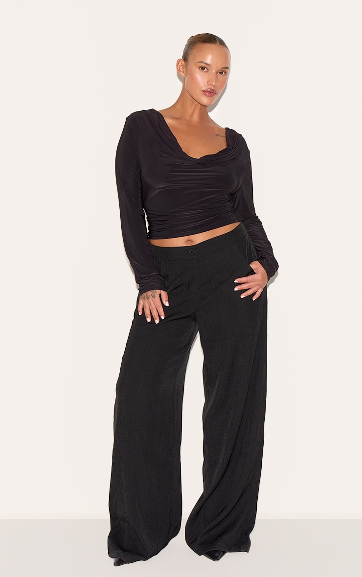 Plus Black Cowl Neck Long Sleeve Slinky Top image 3