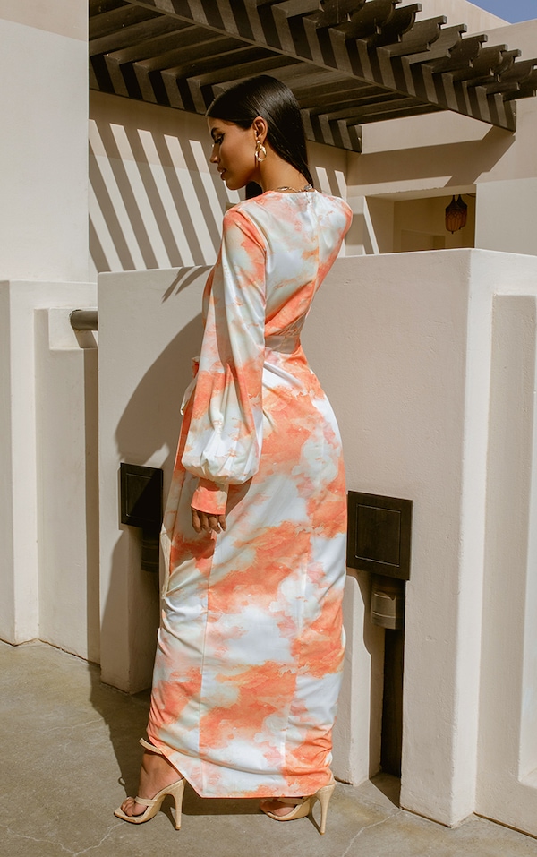 Orange Watercolour Print Tassel Tie Wrap Maxi Dress