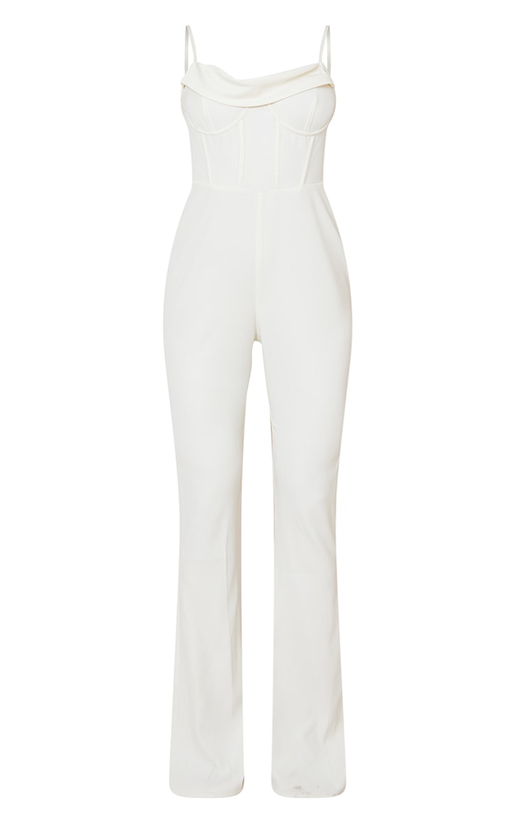 Cream Satin Corset Detail Cowl Detail Flared Jumpsuit image 5