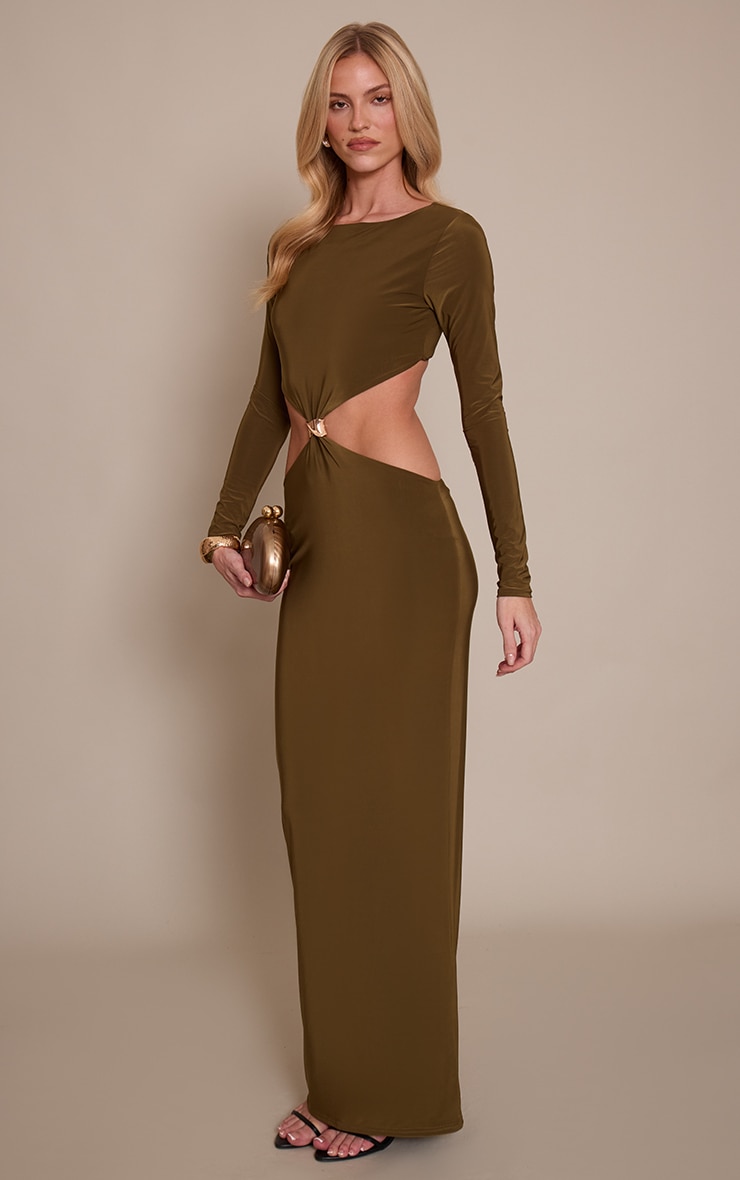 Khaki Double Layer Slinky Long Sleeve Trim Detail Maxi Dress image 3
