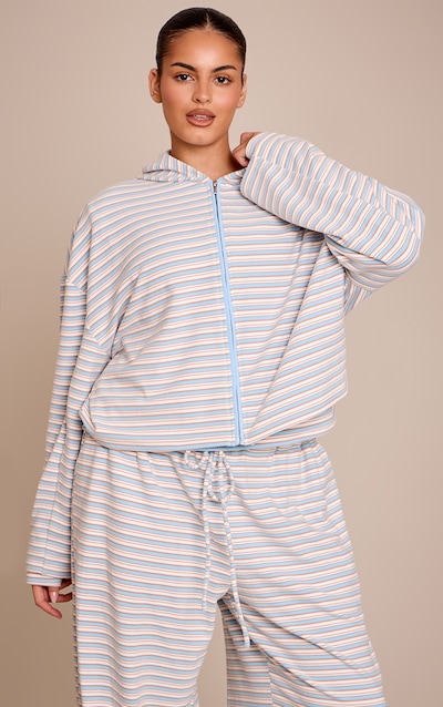 Plus Light Blue Striped Soft Fleece Zip Up Hoodie
